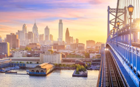 Panorama of Philadelphia skyline, Ben Franklin Bridge and Penn's Landing sunset